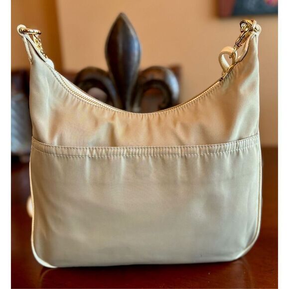 BRAHMIN - EUC Nylon & Croc-Embossed Leather Crossbody Bag in Tan & Cream - Picture 16 of 16